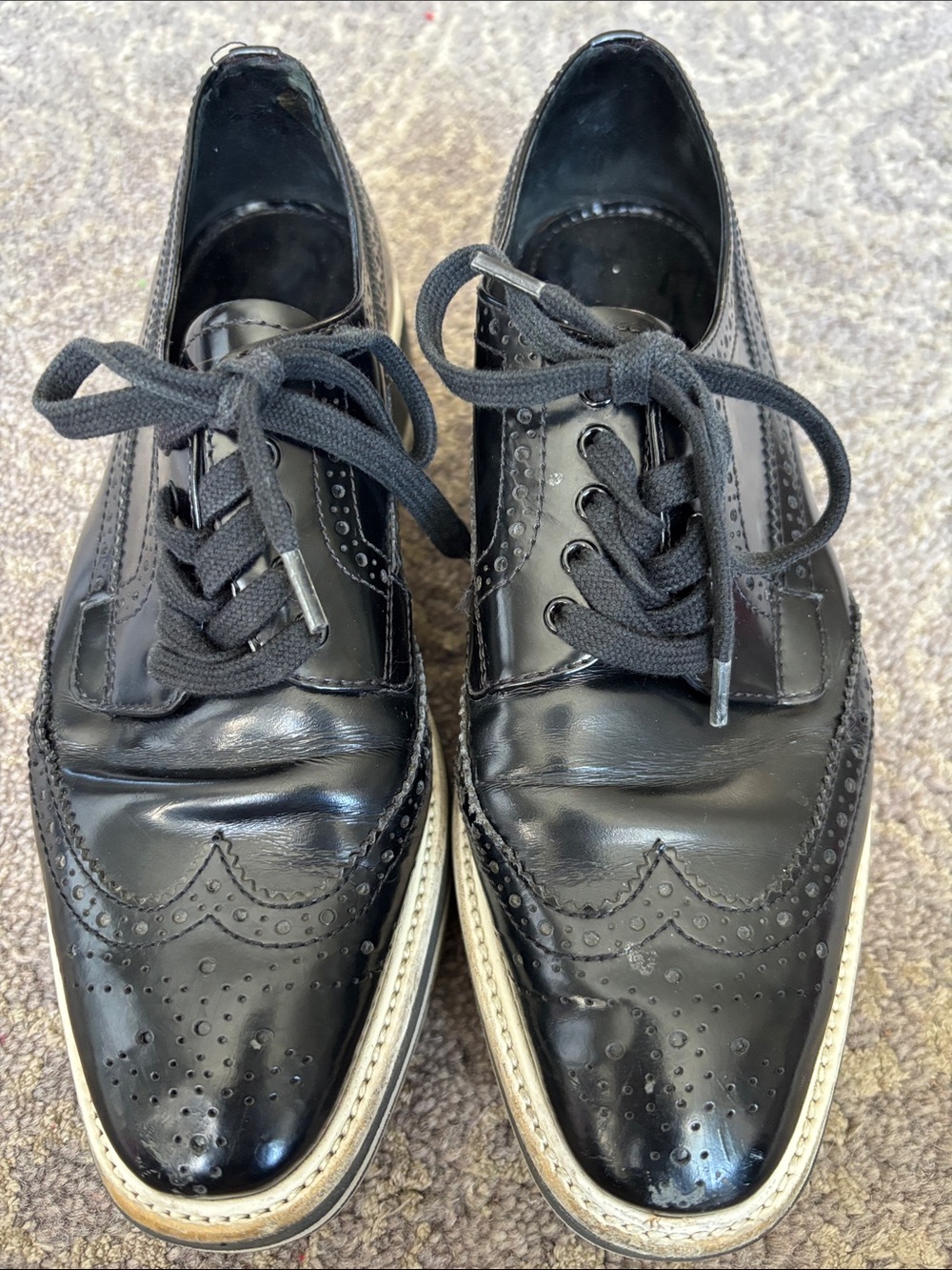 Prada Black Patent Brogue Derby Oxfords with Contrasting Platform Sole in 38.5